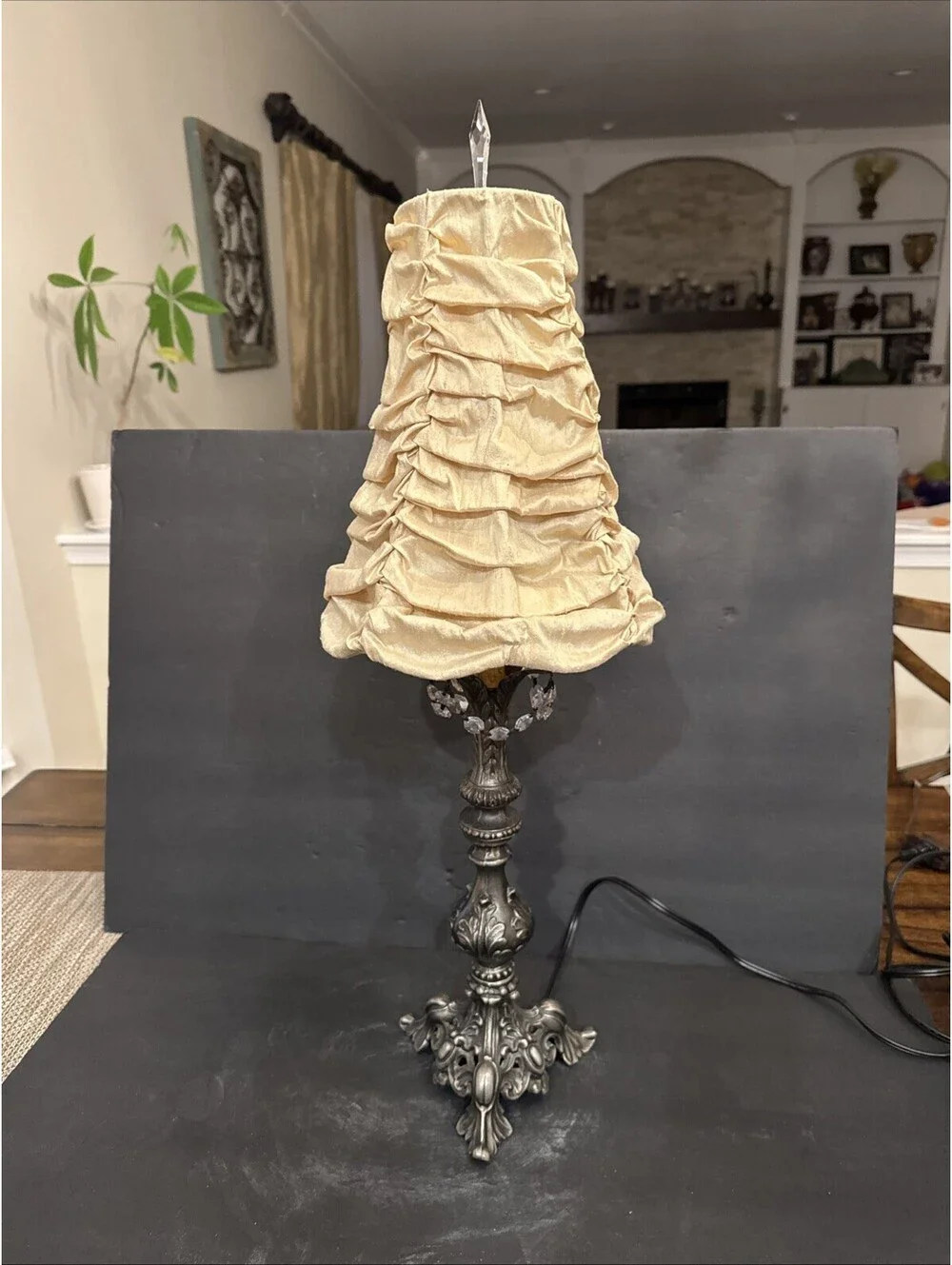 Vintage Silk Tufted Shade Ornate Brass Base With Crystals 26” To Shade Gorgeous